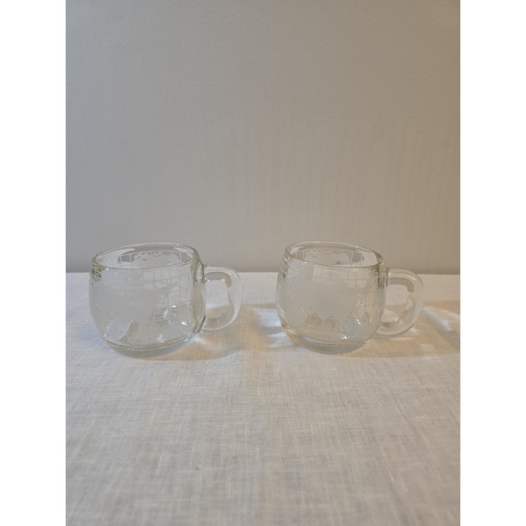 NESTLE NESCAFE Etched Clear Glass WORLD GLOBE MAP Coffee Tea Mugs Lot 2 Vintage